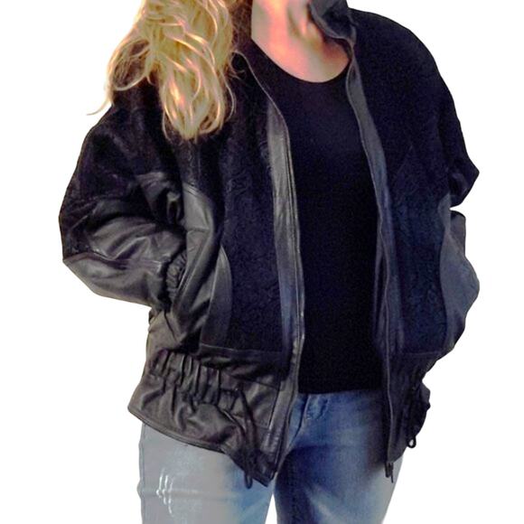 Y2K Bomber Jacket Sz M Black Texture Leather Patchwork Moto Collect VNT 80s - Picture 1 of 16
